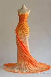 Retro A line Spaghetti Straps Orange Ombre Chiffon Long Evening Dress Prom Dresses